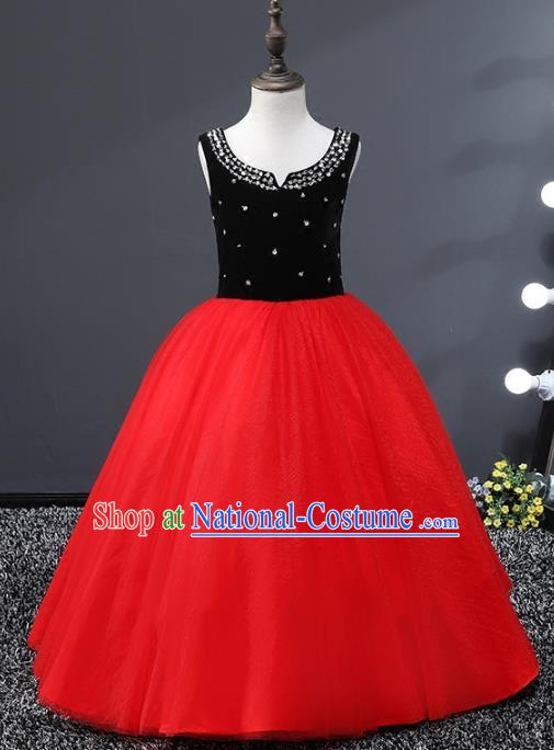 Top Grade Stage Performance Costumes Red Veil Bubble Dress Modern Fancywork Full Dress for Kids