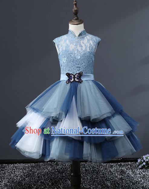 Top Grade Stage Performance Costumes Blue Veil Bubble Dress Modern Fancywork Full Dress for Kids