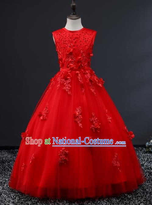 Top Grade Stage Performance Costumes Compere Red Bubble Dress Modern Fancywork Full Dress for Kids