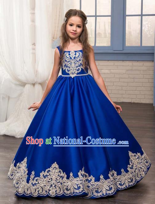 Top Grade Stage Performance Costumes Compere Royalblue Bubble Dress Modern Fancywork Full Dress for Kids