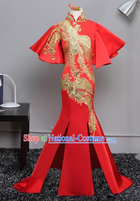 Top Grade Stage Performance Costumes Compere Red Cheongsam Modern Fancywork Full Dress for Kids