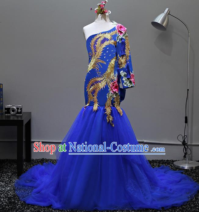 Top Grade Stage Performance Costumes Compere Embroidered Blue Mermaid Dress Modern Fancywork Full Dress for Kids