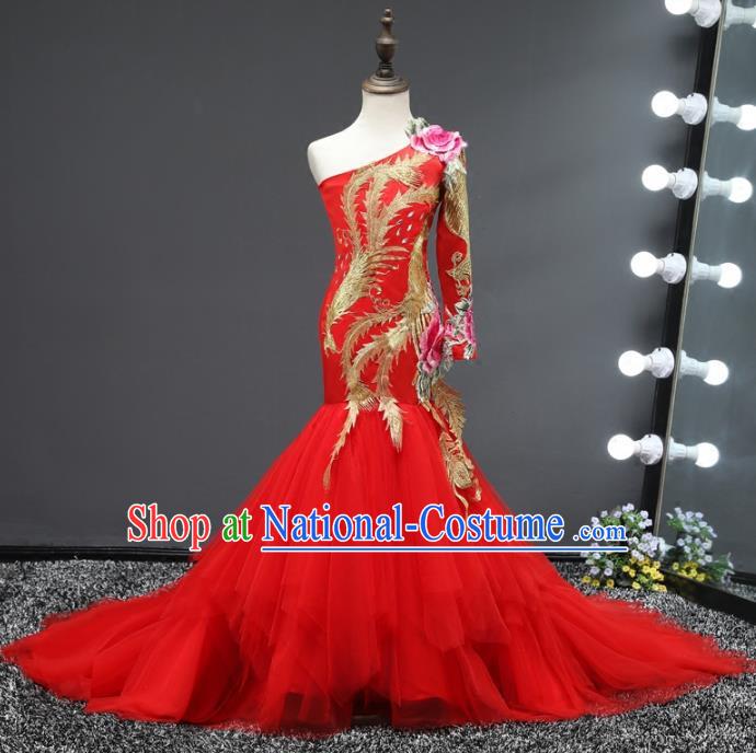 Top Grade Stage Performance Costumes Compere Embroidered Red Mermaid Dress Modern Fancywork Full Dress for Kids