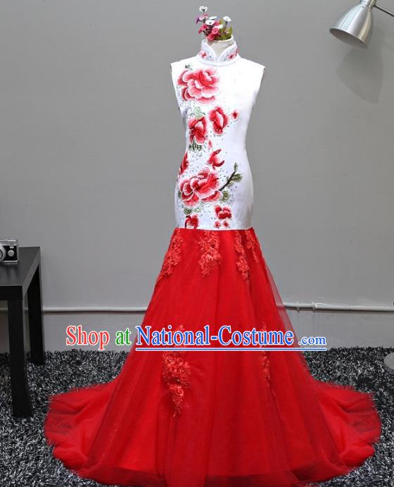 Top Grade Stage Performance Costumes Compere Cheongsam Embroidered Peony Mermaid Dress Modern Fancywork Full Dress for Kids