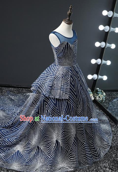 Top Grade Stage Performance Costumes Compere Blue Trailing Dress Modern Fancywork Full Dress for Kids