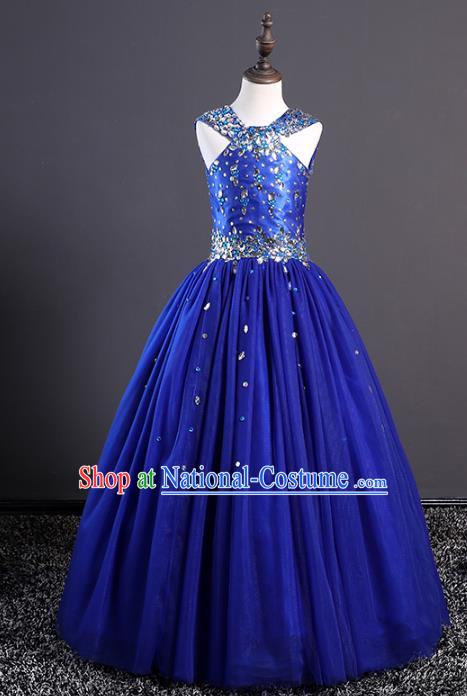 Top Grade Stage Performance Costumes Compere Blue Dress Modern Fancywork Full Dress for Kids