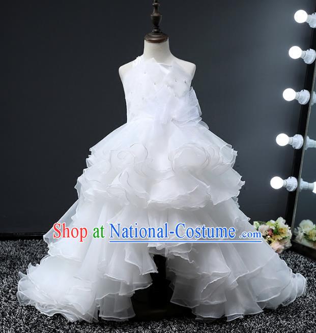 Top Grade Stage Performance Costumes Compere White Bubble Dress Modern Fancywork Full Dress for Kids