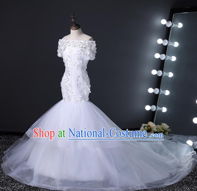 Top Grade Stage Performance Costumes Compere White Trailing Dress Modern Fancywork Full Dress for Kids