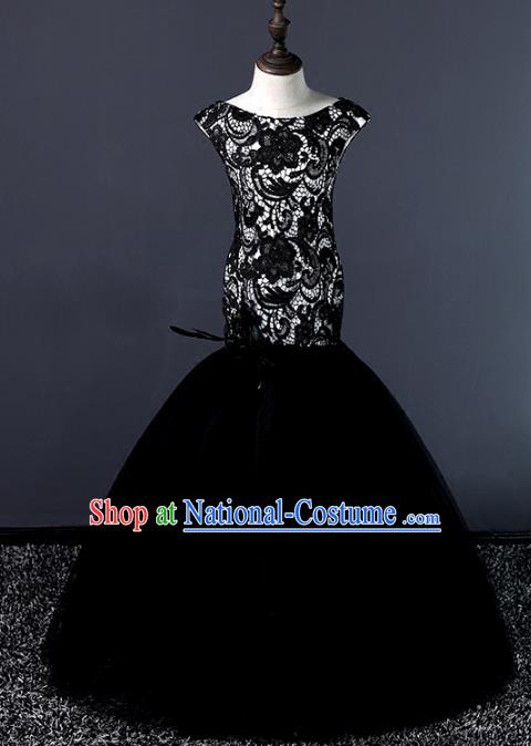 Top Grade Stage Performance Costumes Compere Black Lace Mermaid Dress Modern Fancywork Full Dress for Kids