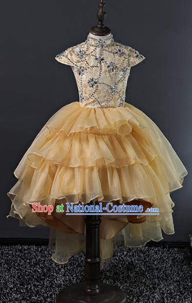 Top Grade Stage Performance Costumes Compere Yellow Bubble Dress Modern Fancywork Full Dress for Kids