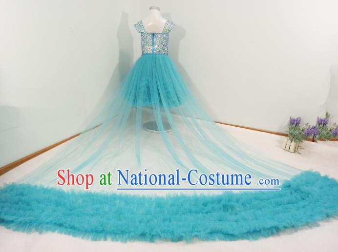 Top Grade Stage Performance Costumes Compere Blue Bubble Dress Modern Fancywork Full Dress for Kids