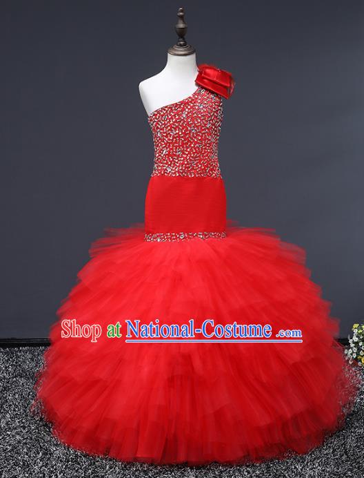 Top Grade Stage Performance Costumes Baroque Princess Red Dress Modern Fancywork Full Dress for Kids