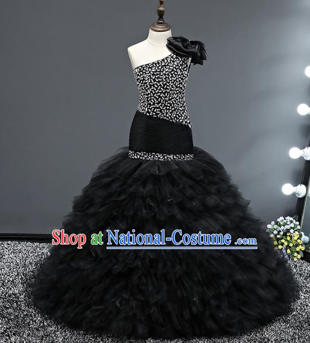 Top Grade Stage Performance Costumes Baroque Princess Black Dress Modern Fancywork Full Dress for Kids