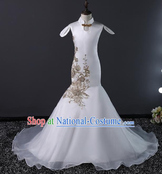 Top Grade Stage Performance Costumes Compere White Trailing Dress Modern Fancywork Full Dress for Kids