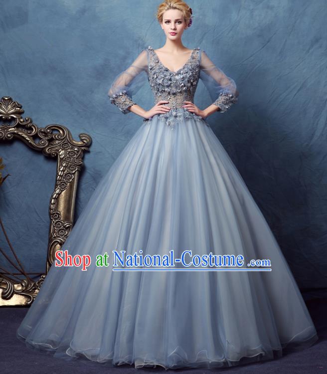 Top Grade Advanced Customization Wedding Dress Blue Bridal Veil Full Dress Costume for Women