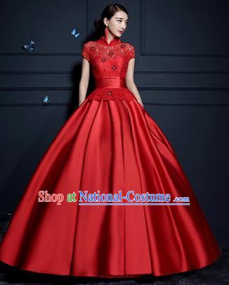 Top Grade Advanced Customization Wedding Dress Red Satin Bridal Full Dress Costume for Women