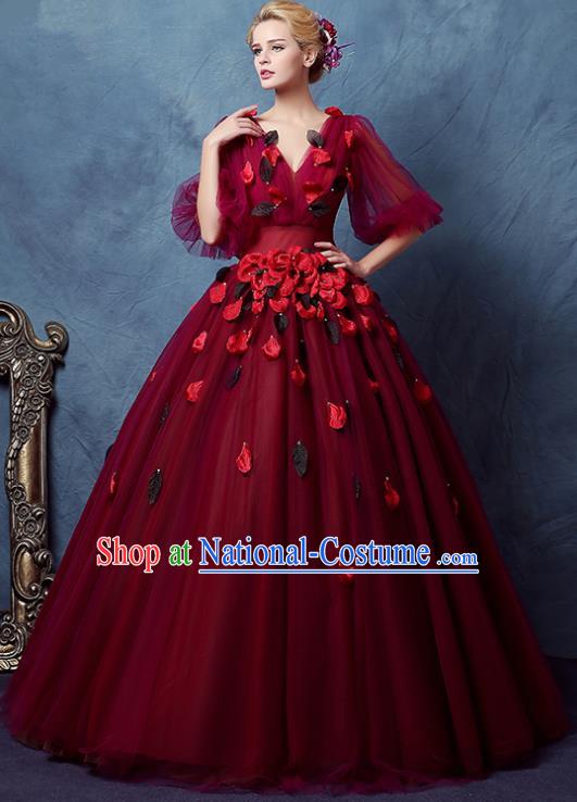 Top Grade Advanced Customization Wedding Dress Princess Dress Wine Red Bridal Veil Full Dress Costume for Women