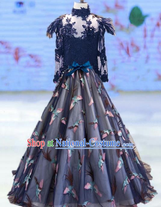 Top Grade Stage Performance Costumes Catwalks Navy Long Dress Modern Fancywork Full Dress for Kids