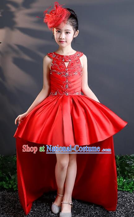 Top Grade Stage Performance Costumes Catwalks Red Trailing Dress Modern Fancywork Full Dress for Kids