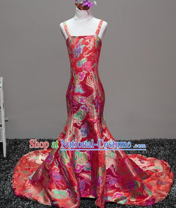 Top Grade Stage Performance Costumes Catwalks Red Brocade Trailing Dress Modern Fancywork Full Dress for Kids