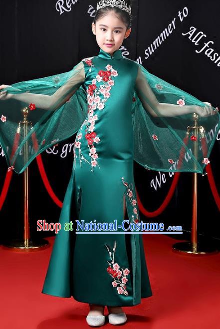 Top Grade Stage Performance Costumes Compere Green Cheongsam Modern Fancywork Full Dress for Kids