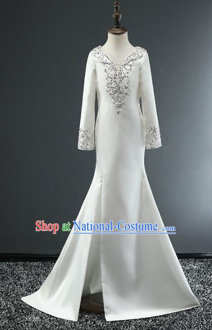 Top Grade Stage Performance Costumes Catwalks White Satin Dress Modern Fancywork Full Dress for Kids