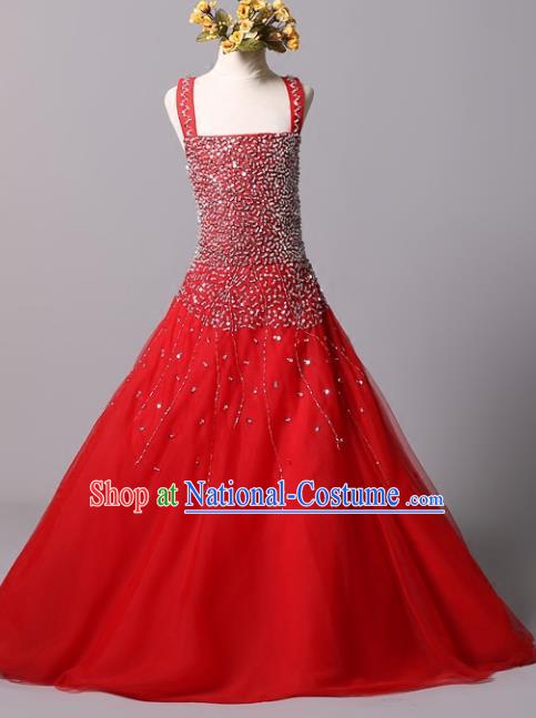 Top Grade Stage Performance Costumes Catwalks Beading Red Dress Modern Fancywork Full Dress for Kids