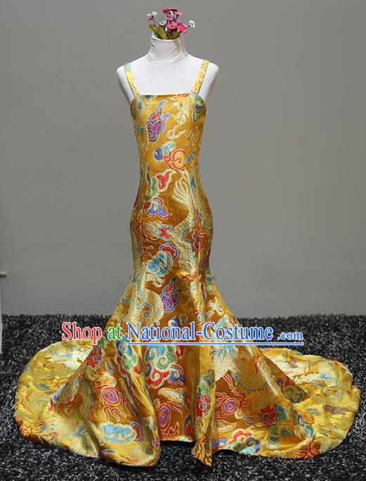 Top Grade Stage Performance Costumes Catwalks Yellow Brocade Dress Modern Fancywork Full Dress for Kids