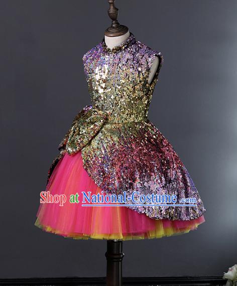 Top Grade Stage Performance Costumes Compere Purple Sequins Bubble Dress Modern Fancywork Full Dress for Kids