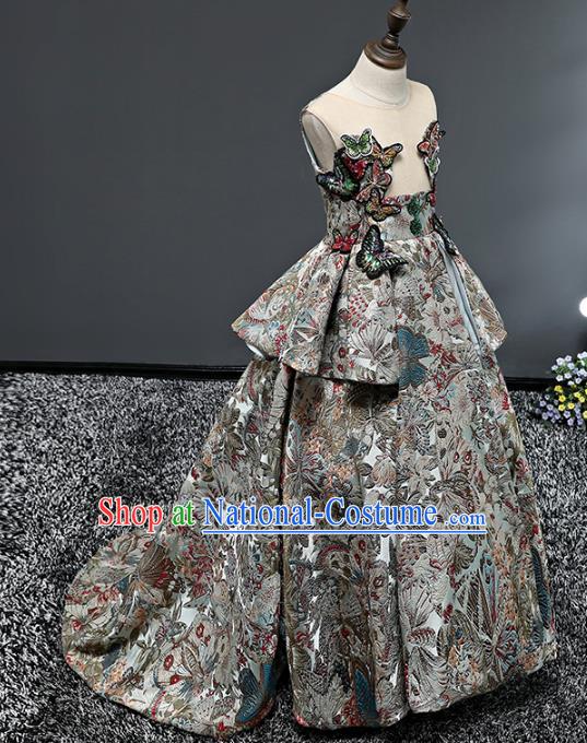 Top Grade Stage Performance Costumes Children Catwalks Trailing Dress Modern Fancywork Full Dress for Kids