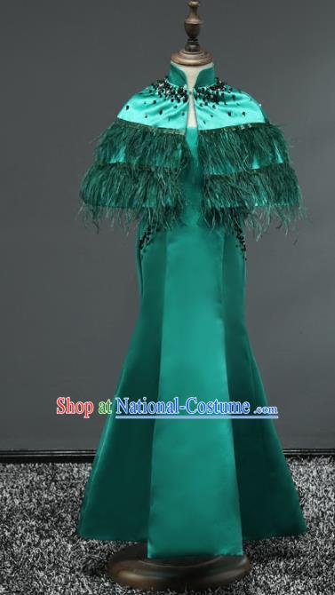 Top Grade Stage Performance Costumes Children Catwalks Green Dress Modern Fancywork Full Dress for Kids