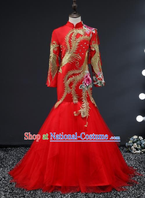 Top Grade Compere Stage Performance Costumes Children Catwalks Red Cheongsam Modern Fancywork Full Dress for Kids