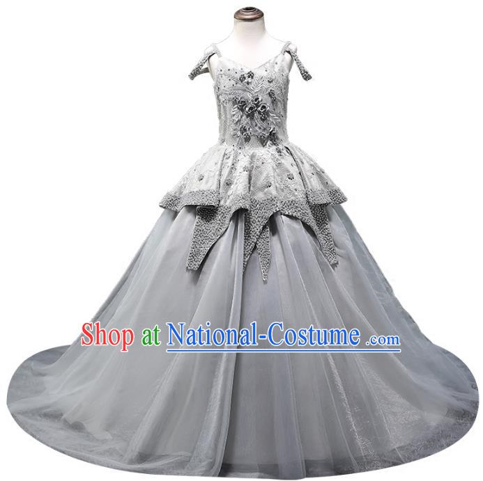 Top Grade Compere Stage Performance Costumes Children Catwalks Princess Grey Dress Modern Fancywork Full Dress for Kids