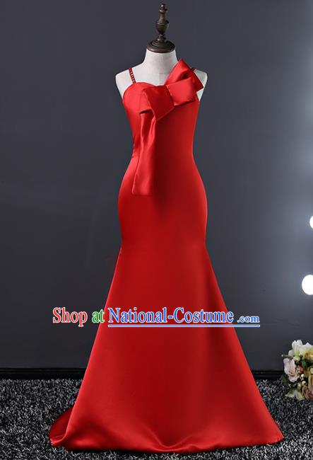 Top Grade Compere Costumes Children Stage Performance Red Trailing Dress Modern Fancywork Full Dress for Kids