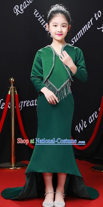 Top Grade Compere Costumes Children Stage Performance Green Trailing Dress Modern Fancywork Full Dress for Kids