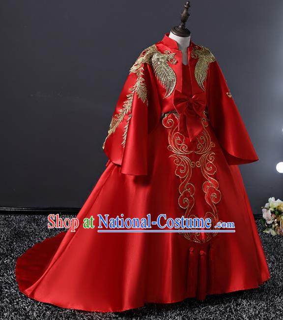 Top Grade Compere Costumes Children Stage Performance Red Trailing Dress Modern Fancywork Full Dress for Kids