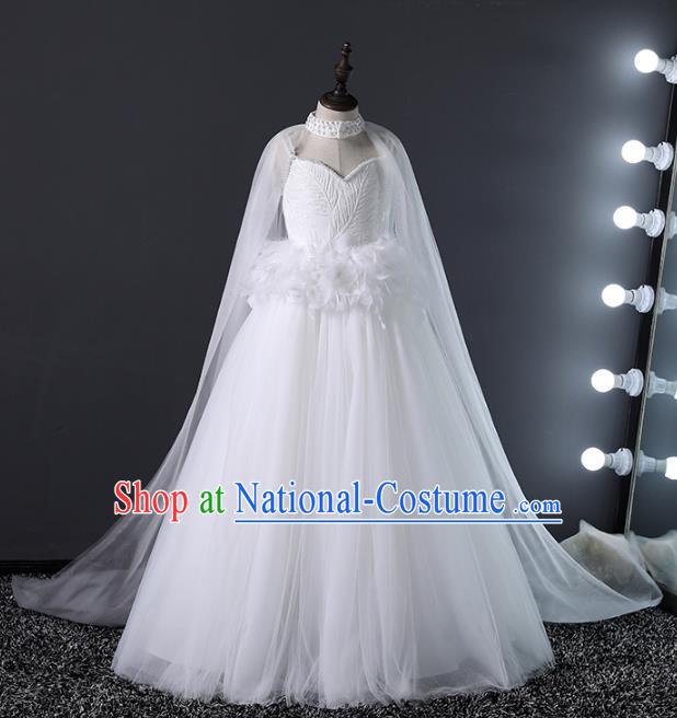 Top Grade Compere Costumes Children White Veil Mullet Dress Modern Fancywork Full Dress for Kids