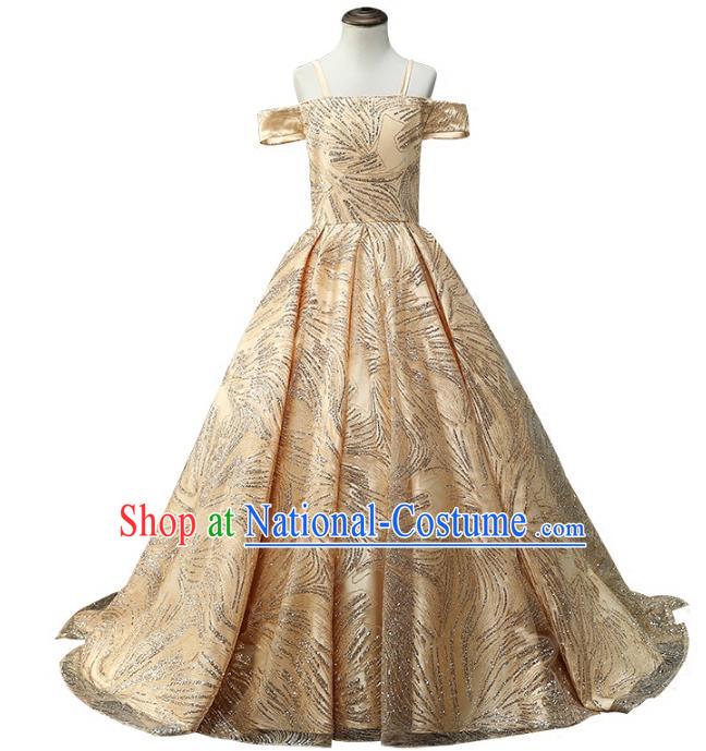 Top Grade Compere Stage Performance Costumes Children Catwalks Golden Off Shoulder Dress Modern Fancywork Full Dress for Kids