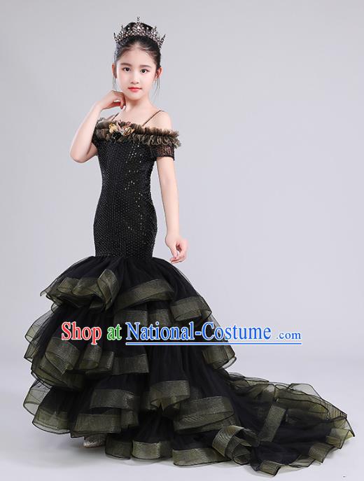 Top Grade Compere Costumes Children Black Veil Mermaid Dress Modern Fancywork Full Dress for Kids