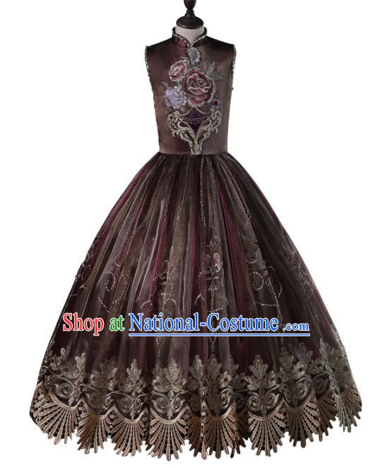 Top Grade Compere Costumes Children Embroidered Brown Dress Princess Dress Modern Fancywork Full Dress for Kids