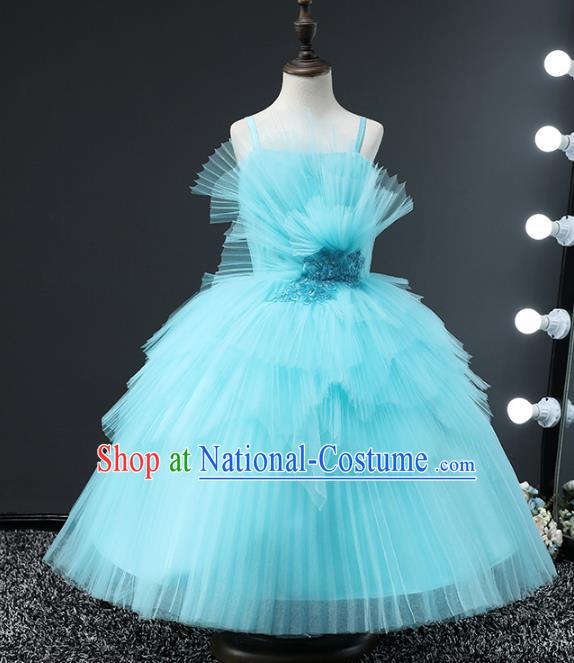 Top Grade Compere Stage Performance Costumes Children Catwalks Blue Bubble Dress Modern Fancywork Full Dress for Kids