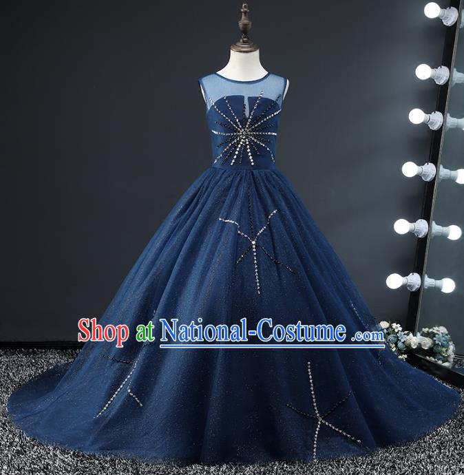 Top Grade Compere Costumes Children Stage Performance Catwalks Deep Blue Mullet Dress Modern Fancywork Full Dress for Kids