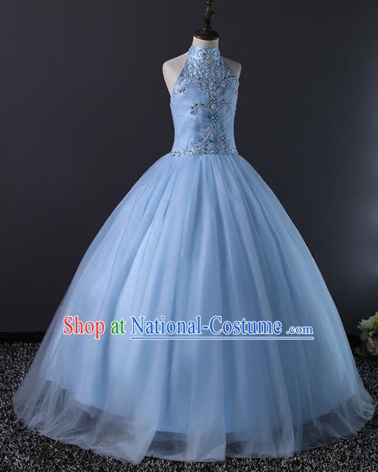 Top Grade Compere Costumes Children Stage Performance Catwalks Blue Bubble Dress Modern Fancywork Full Dress for Kids