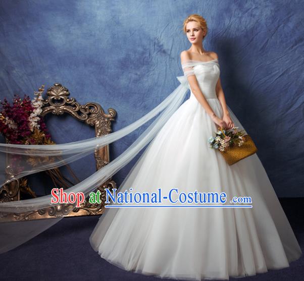 Top Grade Advanced Customization White Veil Dress Off Shoulder Wedding Dress Compere Bridal Full Dress for Women