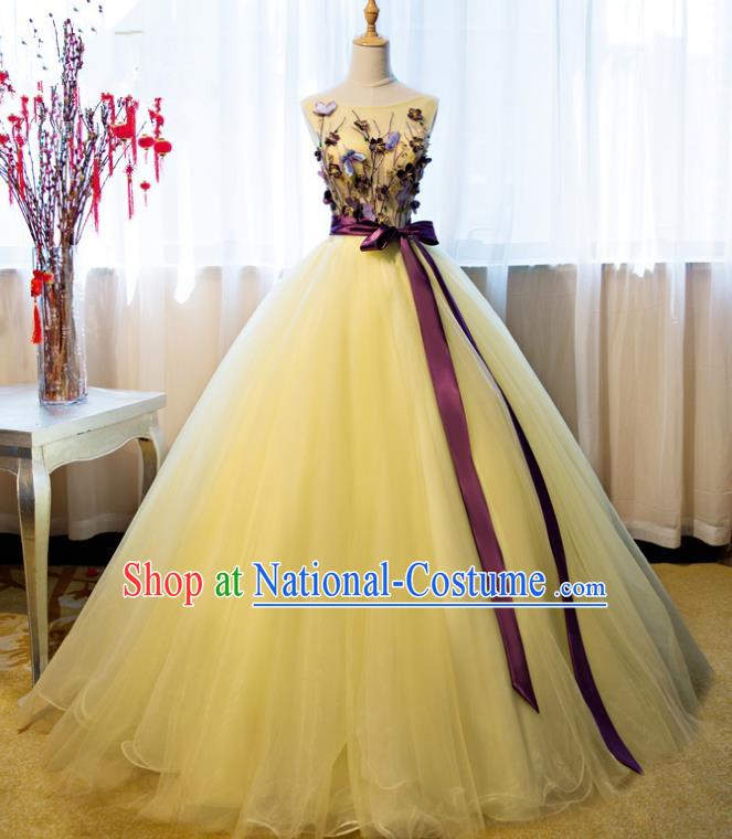 Top Grade Advanced Customization Yellow Veil Dress Wedding Dress Compere Bridal Full Dress for Women