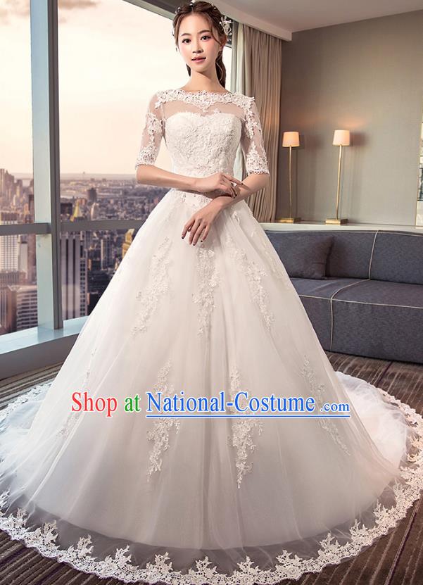 Top Grade Advanced Customization White Trailing Veil Dress Wedding Dress Compere Bridal Full Dress for Women