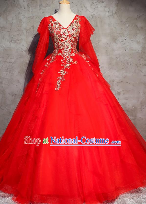 Top Grade Advanced Customization Red Veil Bubble Evening Dress Wedding Dress Compere Bridal Full Dress for Women