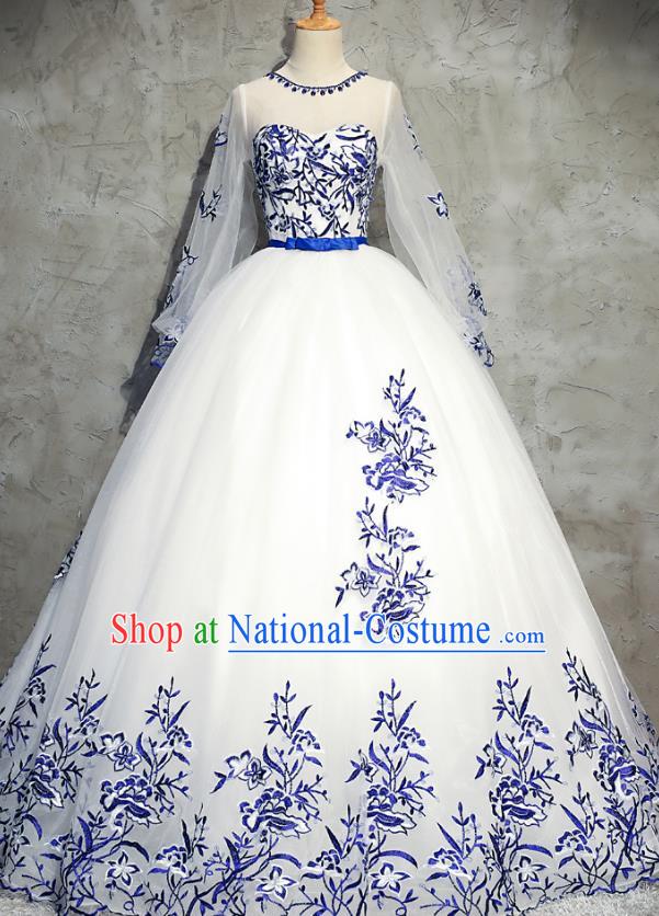 Top Grade Advanced Customization Embroidered Evening Dress White Veil Wedding Dress Compere Bridal Full Dress for Women