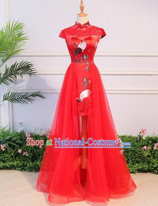 Top Grade Advanced Customization Printing Cranes Evening Dress Red Veil Wedding Dress Compere Bridal Full Dress for Women