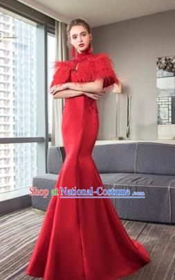 Top Grade Advanced Customization Mermaid Evening Dress Red Satin Wedding Dress Compere Bridal Full Dress for Women